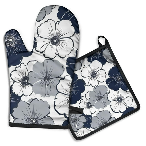 Blue Pioneer Flower Kitchen Oven Mitt and Pot Holder Sets 2 Pcs for Baking, Cooking and Grilling, Heat Resistant Up To 392 °F