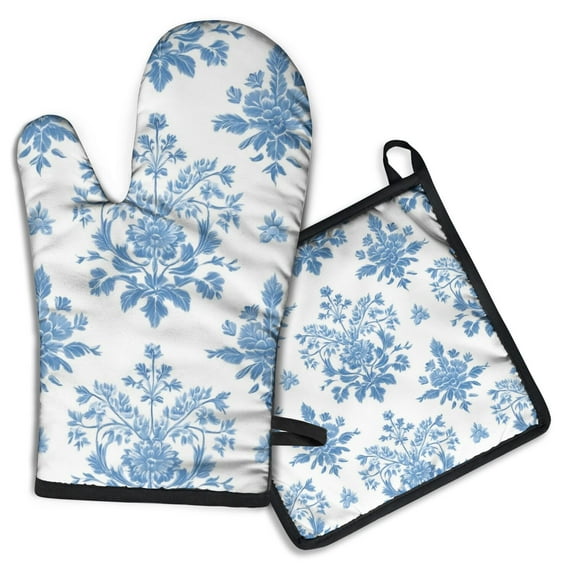Blue Pioneer Flower Kitchen Oven Mitt and Pot Holder Sets 2 Pcs for Baking, Cooking and Grilling, Heat Resistant Up To 392 °F