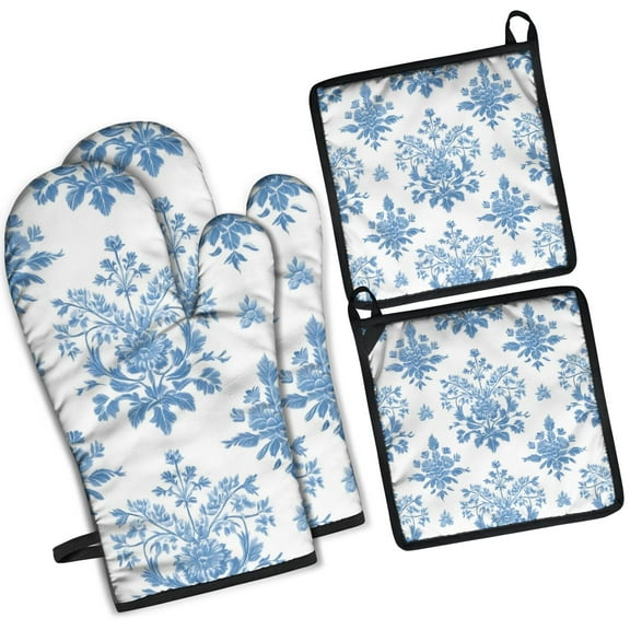 Blue Pioneer Flower Kitchen Oven Mitt and Pot Holder Sets 4 Pcs for Baking, Cooking and Grilling, Heat Resistant Up To 392 °F