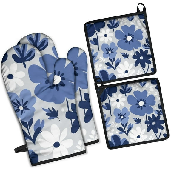 Blue Pioneer Flower Kitchen Oven Mitt and Pot Holder Sets 4 Pcs for Baking, Cooking and Grilling, Heat Resistant Up To 392 °F