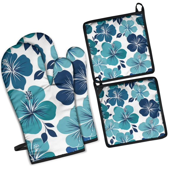 Blue Pioneer Flower Kitchen Oven Mitt and Pot Holder Sets 4 Pcs for Baking, Cooking and Grilling, Heat Resistant Up To 392 °F