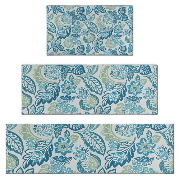 Blue Pioneer Flower Kitchen Rugs Sets Of 3,Kitchen Runner Rugs Non Skid Washable,Decorative Kitchen Floor Mats for Kitchen,Sink,Laundry,17"x30"+ 17"x47" + 17"x59"