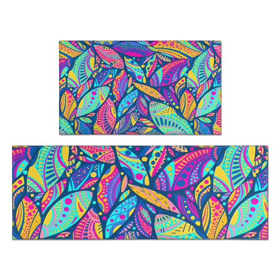 Blue Pioneer Flower and Leaf Pattern Kitchen Rugs Sets Of 2,Anti Fatigue Kitchen Mat Rugs Non Slip Washable,Decorative Kitchen Floor Mats for Kitchen,Sink,Laundry,17"x30"+17"x47"