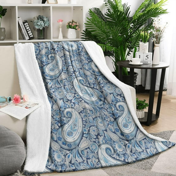 Blue Pioneer Flower and Paisley Pattern (3) Blanket,Comfortable Soft Flannel Throw Blanket,All Season,Warm Lightweight Blankets for Sofa Bed Couch Living Room Chair,50"x60"
