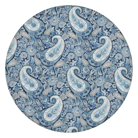 Blue Pioneer Flower and Paisley Pattern (3) Round Fitted Tablecloth with Elastic Edge,Dining Table Cover Waterproof,Outdoor Round Tablecloth for Camping,Dining,Indoor and Outdoor