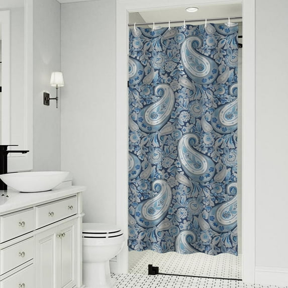 Blue Pioneer Flower and Paisley Pattern (3) Shower Curtain 36"x72" ,Bathroom Decorative Shower Curtains Set with 12 Hooks,Modern Waterproof Washable Shower Curtain