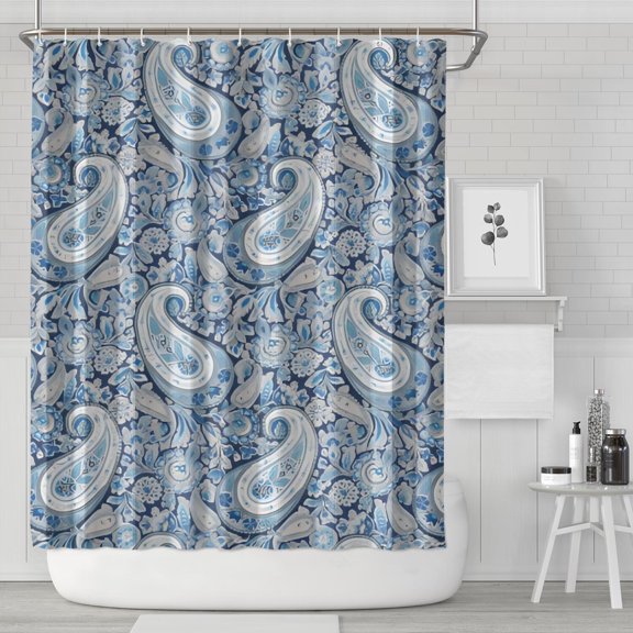 Blue Pioneer Flower and Paisley Pattern (3) Shower Curtain 84"x72" ,Bathroom Decorative Shower Curtains Set with 12 Hooks,Modern Waterproof Washable Shower Curtain