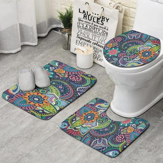 Blue Pioneer Flower and Paisley Pattern Bathroom Rugs Sets 3 Piece,Toilet Cover Set,Absorbent Non Slip Bathroom Mats Sets with U-Shaped Contour Rug Toilet Rug Set