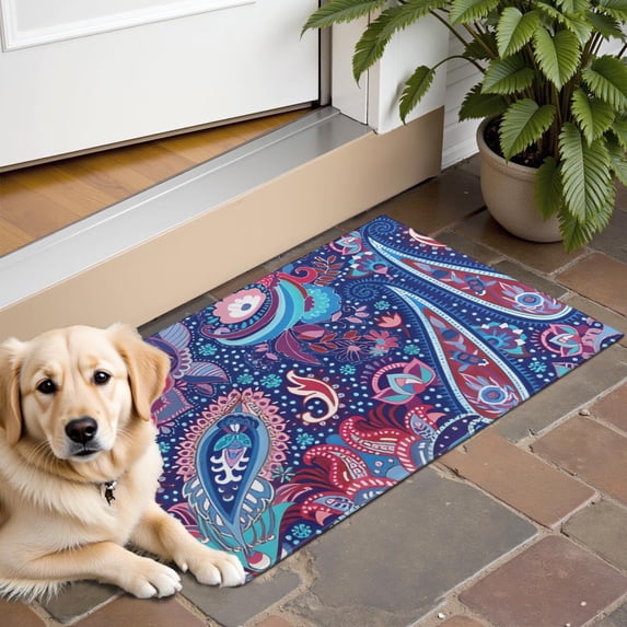 Blue Pioneer Flower and Paisley Pattern Door Rugs,Washable Non Slip Door Mats Indoor,Decorative Door Mats,Entry Mat Indoor for Entrance,Bedroom,Kitchen,Bathroom,16"x24"