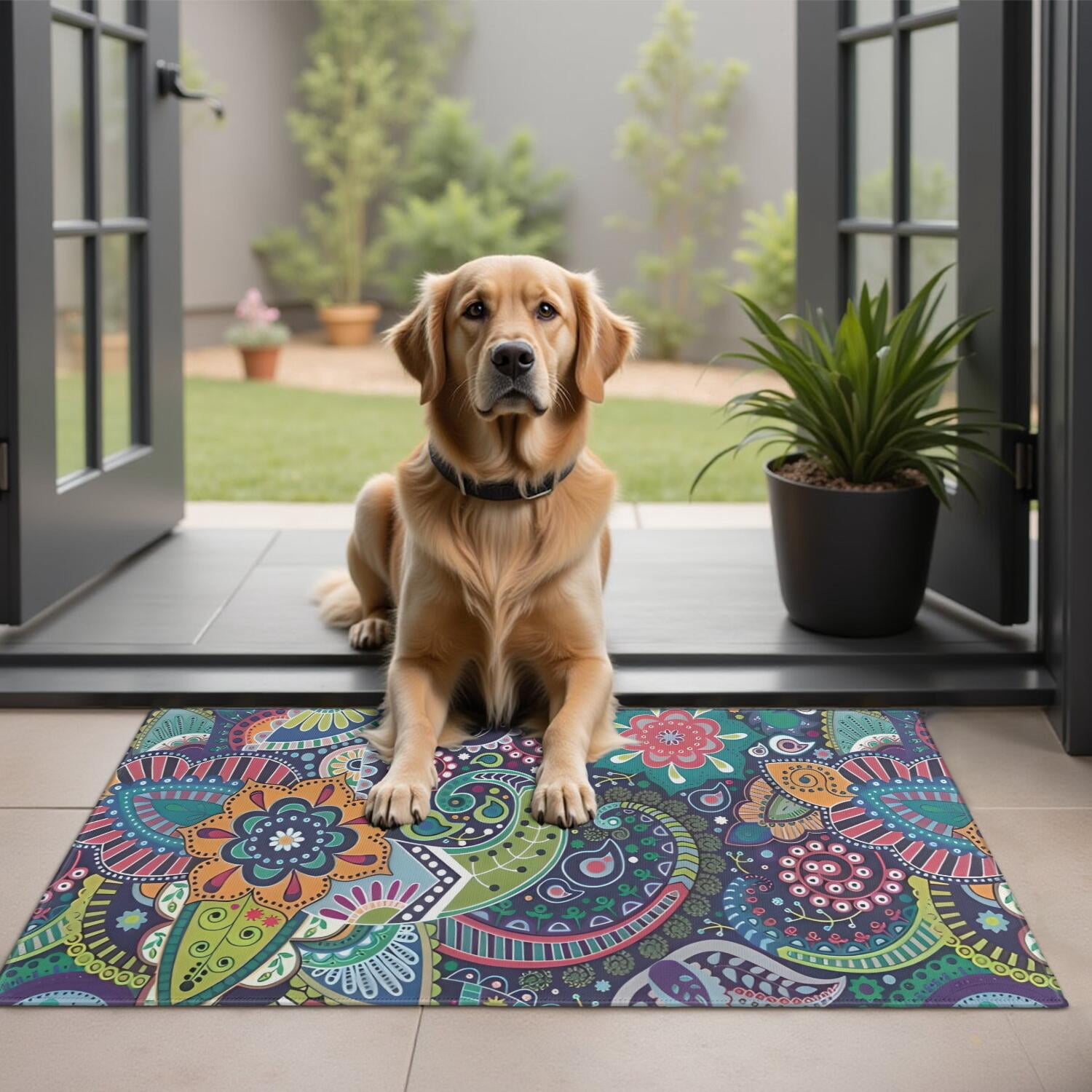Blue Pioneer Flower and Paisley Pattern Door Rugs,Washable Non Slip ...