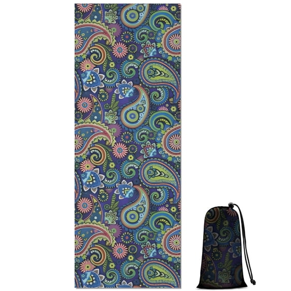 Blue Pioneer Flower and Paisley Pattern Hot Yoga Mat Towel Non Slip for Hot Yoga - Quick-Drying Yoga Mat Cover with 4 Corner Pockets with Travel Bag - Hot Yoga Towel Non Slip 74"x26"