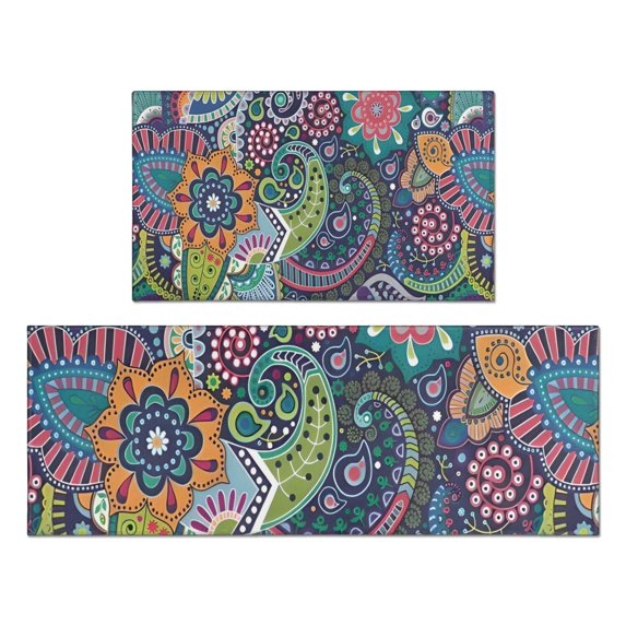 Blue Pioneer Flower and Paisley Pattern Kitchen Rugs Sets Of 2,Anti Fatigue Kitchen Mat Rugs Non Slip Washable,Decorative Kitchen Floor Mats for Kitchen,Sink,Laundry,17"x30"+17"x47"