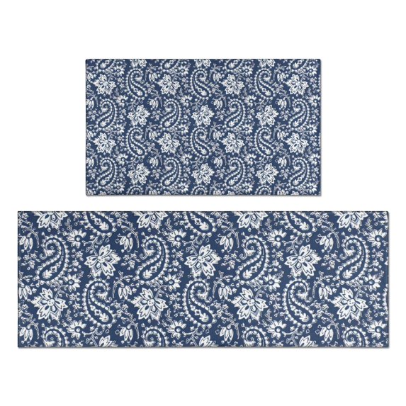 Blue Pioneer Flower and Paisley Pattern Kitchen Rugs Sets Of 2,Anti Fatigue Kitchen Mat Rugs Non Slip Washable,Decorative Kitchen Floor Mats for Kitchen,Sink,Laundry,17"x30"+17"x47"