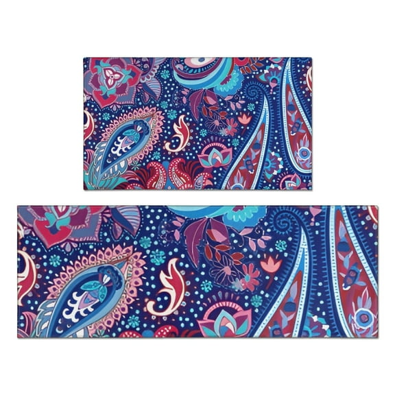 Blue Pioneer Flower and Paisley Pattern Kitchen Rugs Sets Of 2,Anti Fatigue Kitchen Mat Rugs Non Slip Washable,Decorative Kitchen Floor Mats for Kitchen,Sink,Laundry,17"x30"+17"x47"