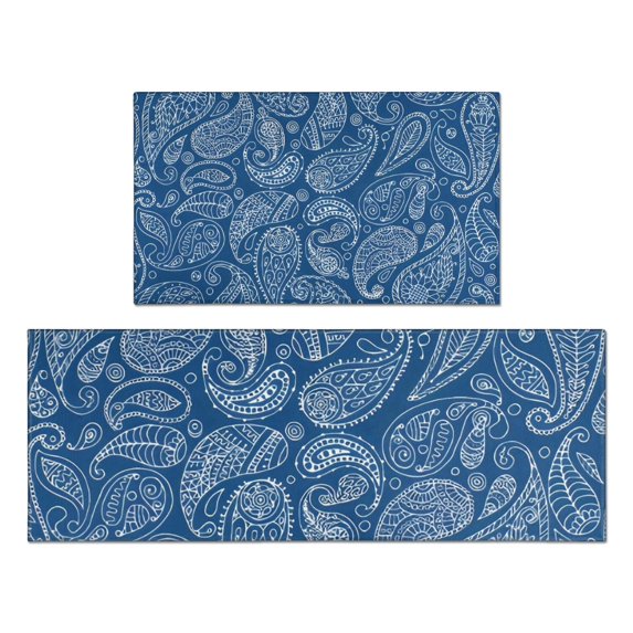 Blue Pioneer Flower and Paisley Pattern Kitchen Rugs Sets Of 2,Anti Fatigue Kitchen Mat Rugs Non Slip Washable,Decorative Kitchen Floor Mats for Kitchen,Sink,Laundry,17"x30"+17"x47"