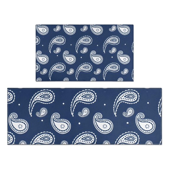 Blue Pioneer Flower and Paisley Pattern Kitchen Rugs Sets Of 2,Anti Fatigue Kitchen Mat Rugs Non Slip Washable,Decorative Kitchen Floor Mats for Kitchen,Sink,Laundry,17"x30"+17"x47"