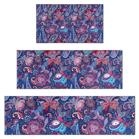 Blue Pioneer Flower and Paisley Pattern Kitchen Rugs Sets Of 3,Kitchen Runner Rugs Non Skid Washable,Decorative Kitchen Floor Mats for Kitchen,Sink,Laundry,17"x30"+ 17"x47" + 17"x59"