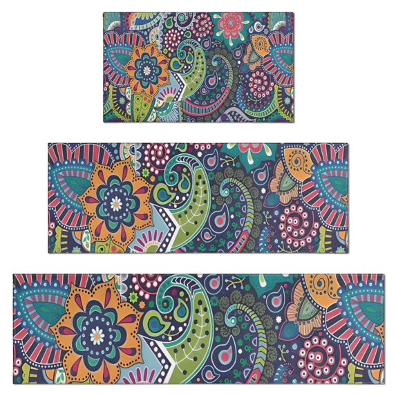 Blue Pioneer Flower and Paisley Pattern Kitchen Rugs Sets Of 3,Kitchen Runner Rugs Non Skid Washable,Decorative Kitchen Floor Mats for Kitchen,Sink,Laundry,17"x30"+ 17"x47" + 17"x59"