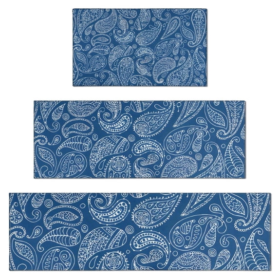 Blue Pioneer Flower and Paisley Pattern Kitchen Rugs Sets Of 3,Kitchen Runner Rugs Non Skid Washable,Decorative Kitchen Floor Mats for Kitchen,Sink,Laundry,17"x30"+ 17"x47" + 17"x59"