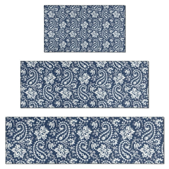 Blue Pioneer Flower and Paisley Pattern Kitchen Rugs Sets Of 3,Kitchen Runner Rugs Non Skid Washable,Decorative Kitchen Floor Mats for Kitchen,Sink,Laundry,17"x30"+ 17"x47" + 17"x59"
