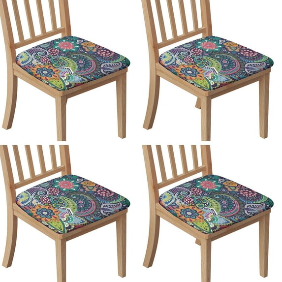 Blue Pioneer Flower and Paisley Pattern Seat Covers for Dining Room Chairs Set Of 4,Stretch Printed Washable Chair Seat Cover with Elastic Ties and Button,Removable Waterproof Couch Cushion Covers