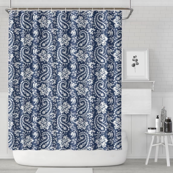 Blue Pioneer Flower and Paisley Pattern Shower Curtain 72"x84" ,Bathroom Decorative Shower Curtains Set with 12 Hooks,Modern Waterproof Washable Shower Curtain