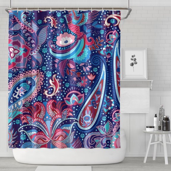 Blue Pioneer Flower and Paisley Pattern Shower Curtain 72"x84" ,Bathroom Decorative Shower Curtains Set with 12 Hooks,Modern Waterproof Washable Shower Curtain