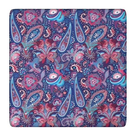 Blue Pioneer Flower and Paisley Pattern Square Fitted Tablecloth with Elastic Edge,Square Table Cover,Washable Elastic Table Cover for Home Kitchen Party Decor 36"x36"