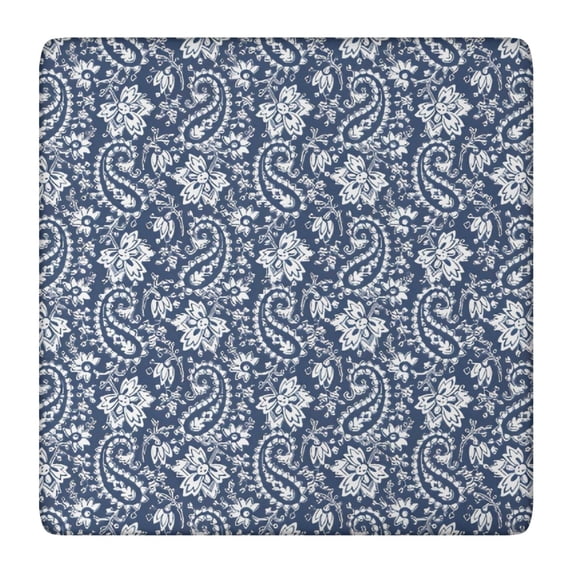 Blue Pioneer Flower and Paisley Pattern Square Fitted Tablecloth with Elastic Edge,Square Table Cover,Washable Elastic Table Cover for Home Kitchen Party Decor 36"x36"