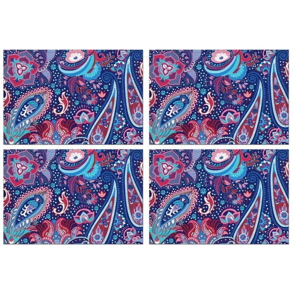 Blue Pioneer Flower and Paisley Pattern Summer Placemats Table Placemats Set Of 4-Linen Kitchen Washable Placemats Table Mats 11.8"x17.7" Non-Slip Heat Resistant