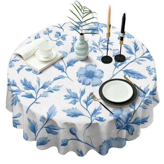 Blue Pioneer Flower Round Tablecloth 60" X 60",Wrinkle Wipeable Table Cloth for Kitchen Dining Room Picnic Patio Party