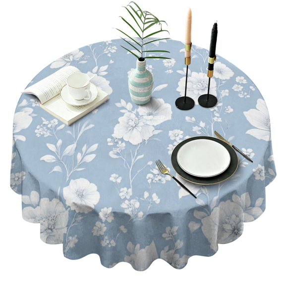 Blue Pioneer Flower Round Tablecloth 60" X 60",Wrinkle Wipeable Table Cloth for Kitchen Dining Room Picnic Patio Party