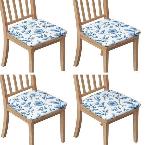 Blue Pioneer Flower Seat Covers for Dining Room Chairs Set Of 4,Stretch Printed Washable Chair Seat Cover with Elastic Ties and Button,Removable Waterproof Couch Cushion Covers