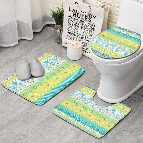 Blue Pioneer Flower Striped Pattern Bathroom Rugs Sets 3 Piece,Toilet Cover Set,Absorbent Non Slip Bathroom Mats Sets with U-Shaped Contour Rug Toilet Rug Set