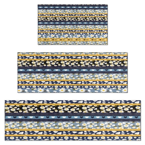 Blue Pioneer Flower Striped Pattern Kitchen Rugs Sets Of 3,Kitchen Runner Rugs Non Skid Washable,Decorative Kitchen Floor Mats for Kitchen,Sink,Laundry,17"x30"+ 17"x47" + 17"x59"