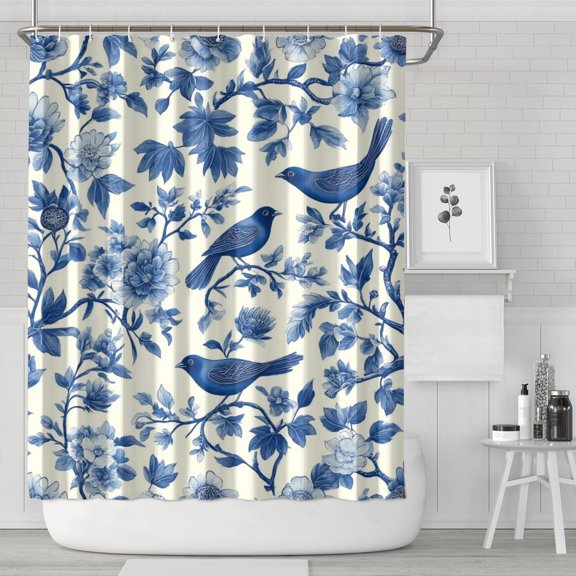 Blue Pioneer Flower and Bird Shower Curtain 72x84in ,Bathroom Decorative Shower Curtains Set with 12 Hooks,Modern Waterproof Washable Shower Curtain