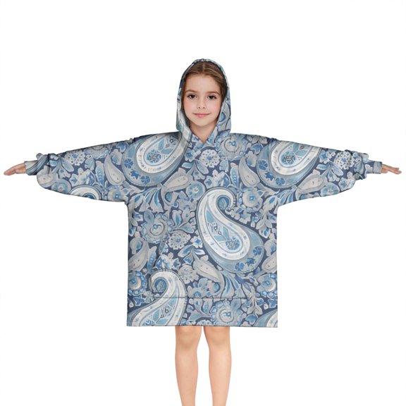 Blue Pioneer Flower and Paisley Pattern (3) Blanket Hoodies for Kids 6-13YR Oversize Wearable Blanket Hoodies for Boys Girls Teens