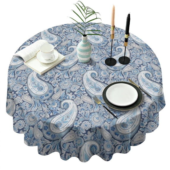 Blue Pioneer Flower and Paisley Pattern (3) Round Tablecloth 60"x60",Wrinkle Wipeable Table Cloth for Kitchen Dining Room Picnic Patio Party