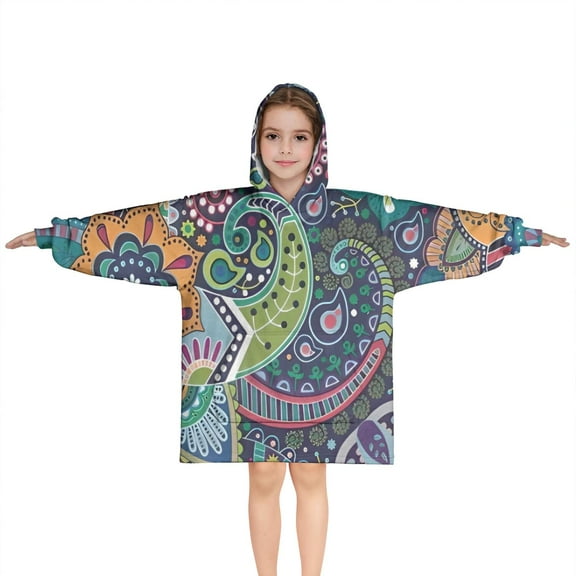 Blue Pioneer Flower and Paisley Pattern Blanket Hoodies for Kids 6-13YR Oversize Wearable Blanket Hoodies for Boys Girls Teens