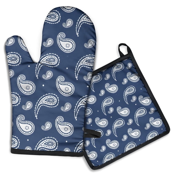 Blue Pioneer Flower and Paisley Pattern Kitchen Oven Mitt and Pot Holder Sets 2 Pcs for Baking, Cooking and Grilling, Heat Resistant Up To 392 °F