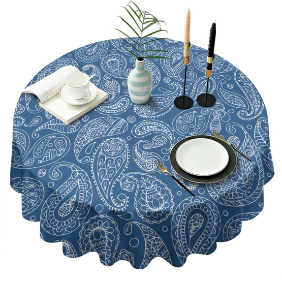 Blue Pioneer Flower and Paisley Pattern Round Tablecloth 60"x60",Wrinkle Wipeable Table Cloth for Kitchen Dining Room Picnic Patio Party