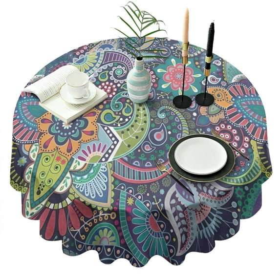 Multicolor Ethnic Paisley and Floral Pattern Round Tablecloth 60"x60",Wrinkle Wipeable Table Cloth for Kitchen Dining Room Picnic Patio Party