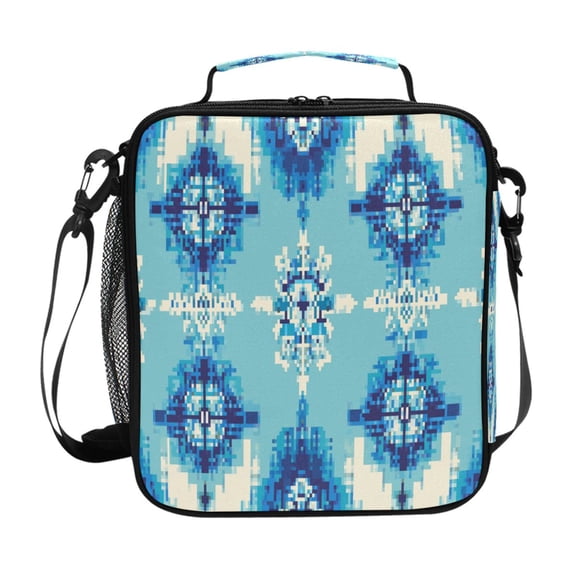 Blue Pixel Art Patten Insulated Lunch Bag Reusable Lunch Box Lunch Container with Straps