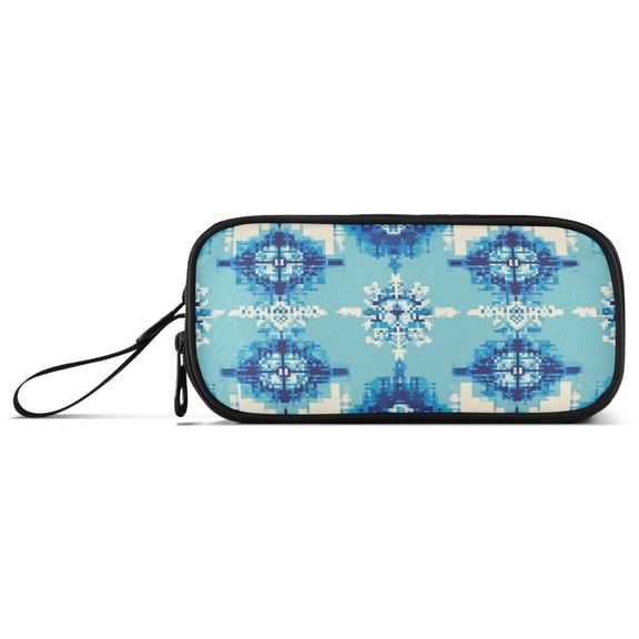 Blue Pixel Art Patten Pencil Case Stationary Holder Pen Bag Pencil Pouch Tool Organizer 3 Compartments