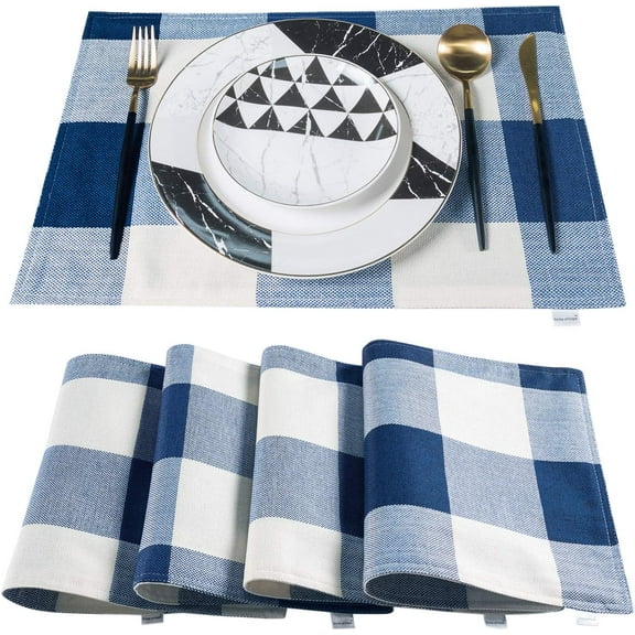 Blue Placemats Set of 4, Linen Buffalo Plaid Double Layer Spring Placemats Check Kitchen Table Mats,Waterproof Heat Resistant Durable Cloth Washable Placemats 12 x 18 Inches