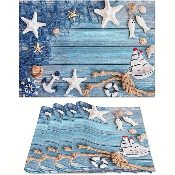 Blue Placemats Set of 4, Summer Nautical Theme Starfish Shell Fishnet Non Slip Heat Resistant Linen Fabric Cloth Place Mats, Washable Holiday Party Dining Table Mats for Coastal Home Kitchen Decor