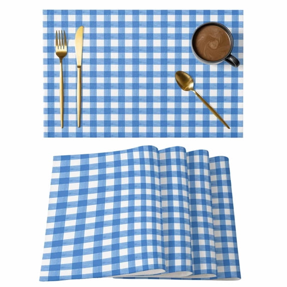 Blue Placemats Set of 6, Country French Rustic Buffalo Plaid Modern Art Placemats for Dining Table, Place Mats for Kitchen Tabletop, Waterproof Wipeable Dining Table Mats Set