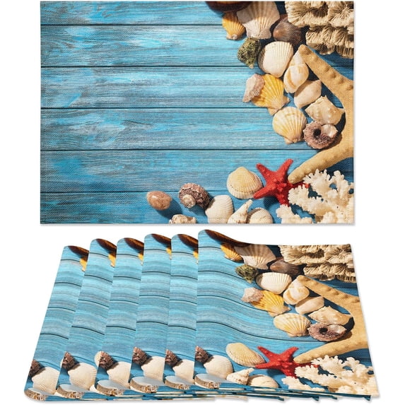 Blue Placemats Set of 6, Summer Beach Theme Starfish Seashell Coral Non Slip Heat Resistant Linen Fabric Cloth Place Mats, Washable Holiday Party Dining Table Mats for Coastal Home Kitchen Decor