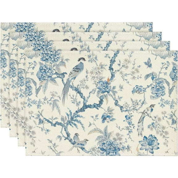 Blue Placemats Set of 4 12x18 Inch French Country Style Bird and Floral Print Place Mats for Kitchen Dining Room Decor