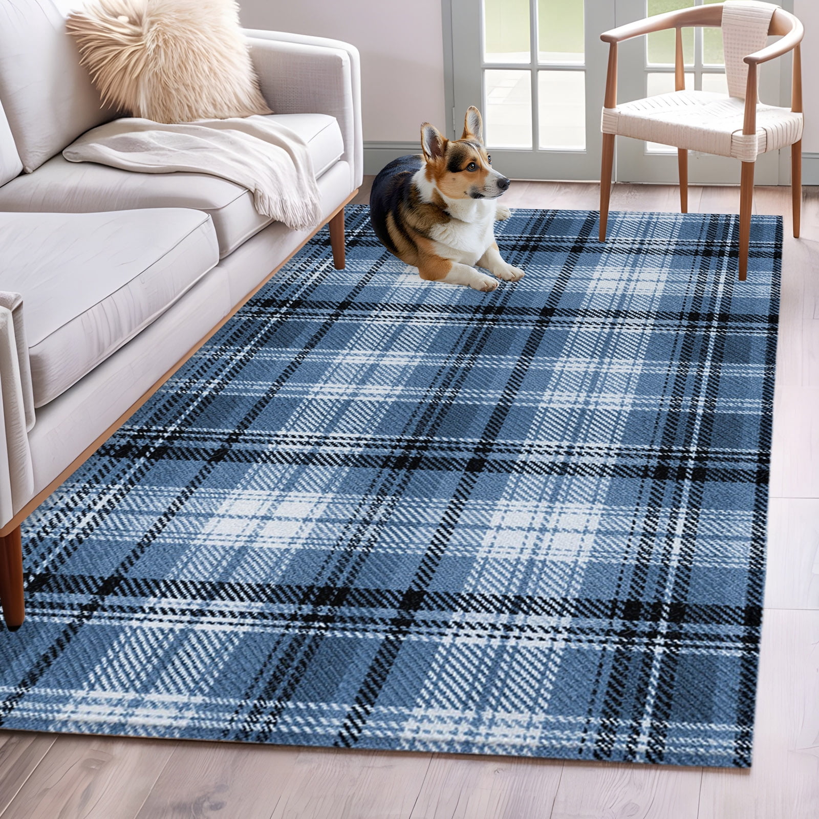 Blue Plaid 3'x5' Rug for Bedroom Foot of Bed Small Living Room, Rustic ...